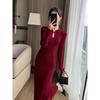 Red knitted improved cheongsam dress autumn and winter new slim and thin banquet new dress