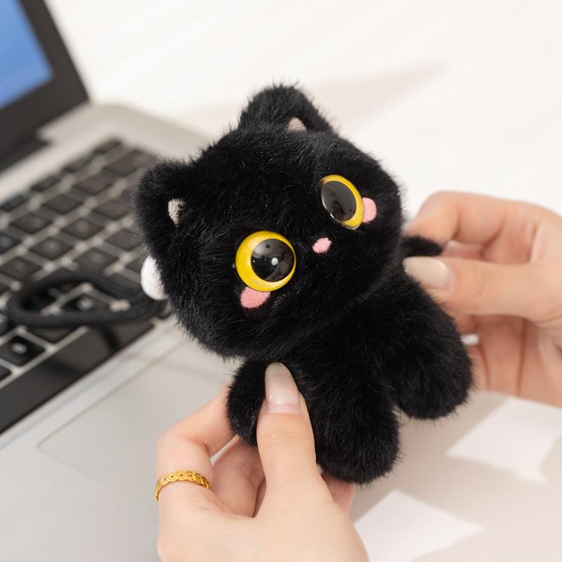 12Cm Black Cat Plush Keychain Squeezable Sound Shoulder Bag Decor Doll Car Pendant Cute Toy Gift For Kids