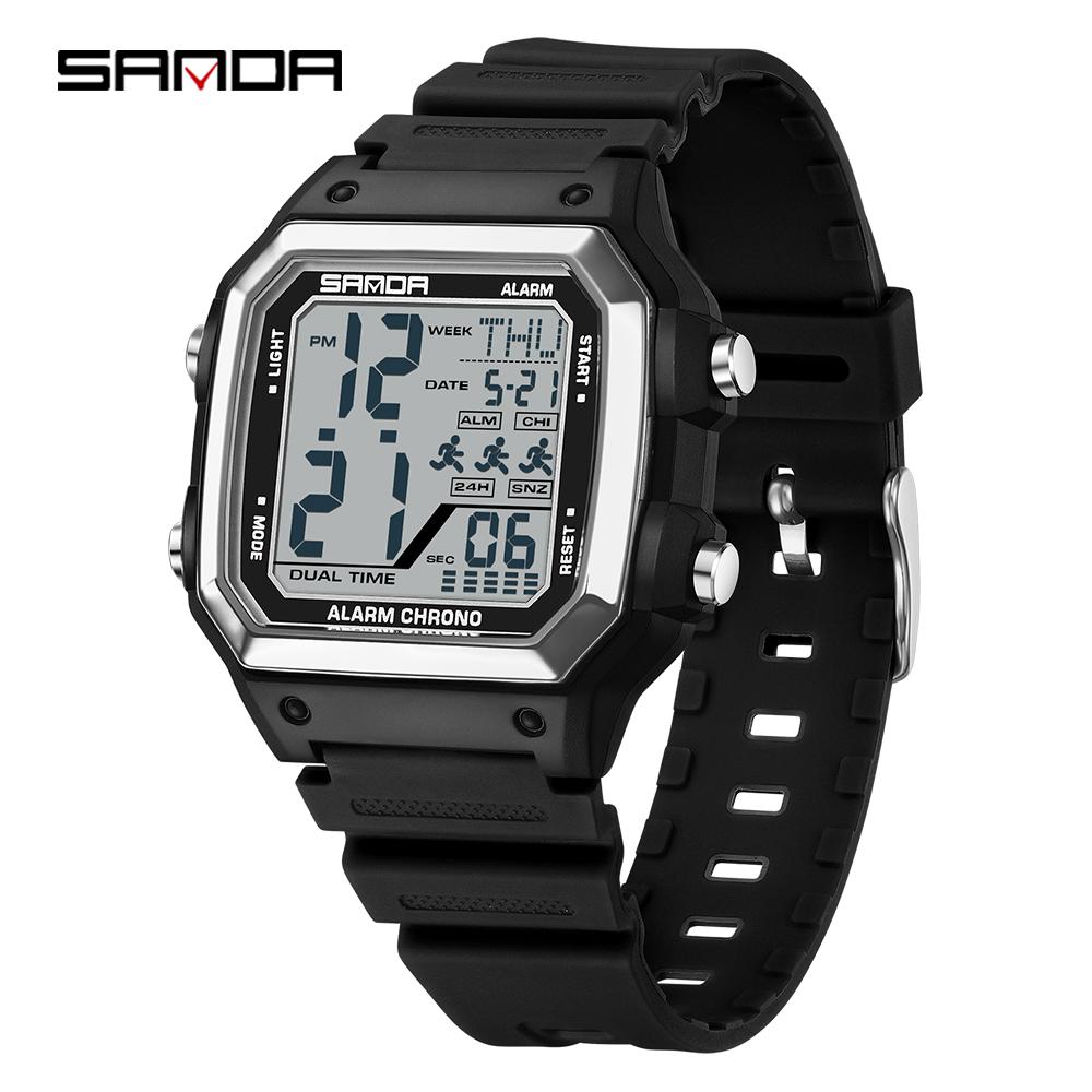 Sanda 6380 Fashion Men's Electronic Led Digital Watch Sports Night light Multi Functional Waterproof Student Timing Alarm Clock