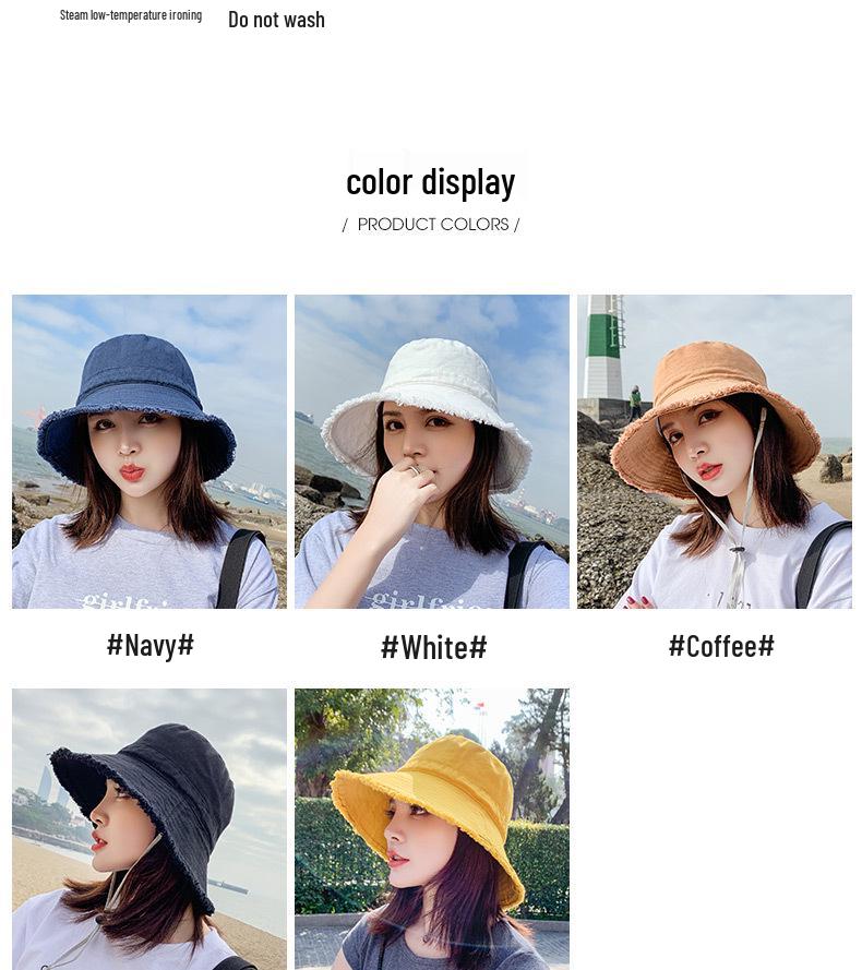 Damen Waschbarer Denim Fischerhut - Ausgefranster Rand, Koreanischer Stil, Trendig, Sonnenschutz, Schmeichelhaft für runde Gesichter