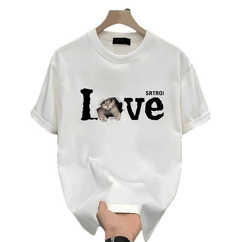 Heavy High Street Black And White Letter Print Short-Sleeved T-Shirt Men'S Pure Cotton Loose American Trendy Top