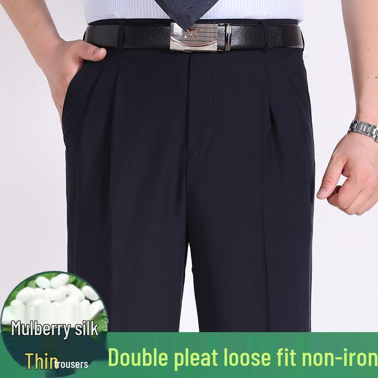 Men's Summer Mulberry Silk Dress Pants: Double Pleated, Loose Fit, Straight Leg, High Waist, Deep Crotch.