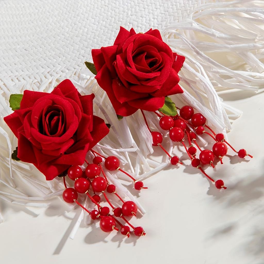 Vintage-Inspired Red Rose Beaded Dangle Earrings - Polyester Fiber, Perfect for Parties & Gifts