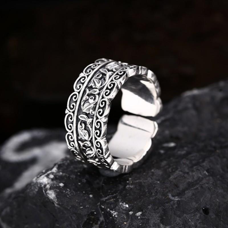 Adjustable Open Ring Men Women Vintage Floral Scroll Motif Plated Hollow Design Boho Retro Statement Jewelry