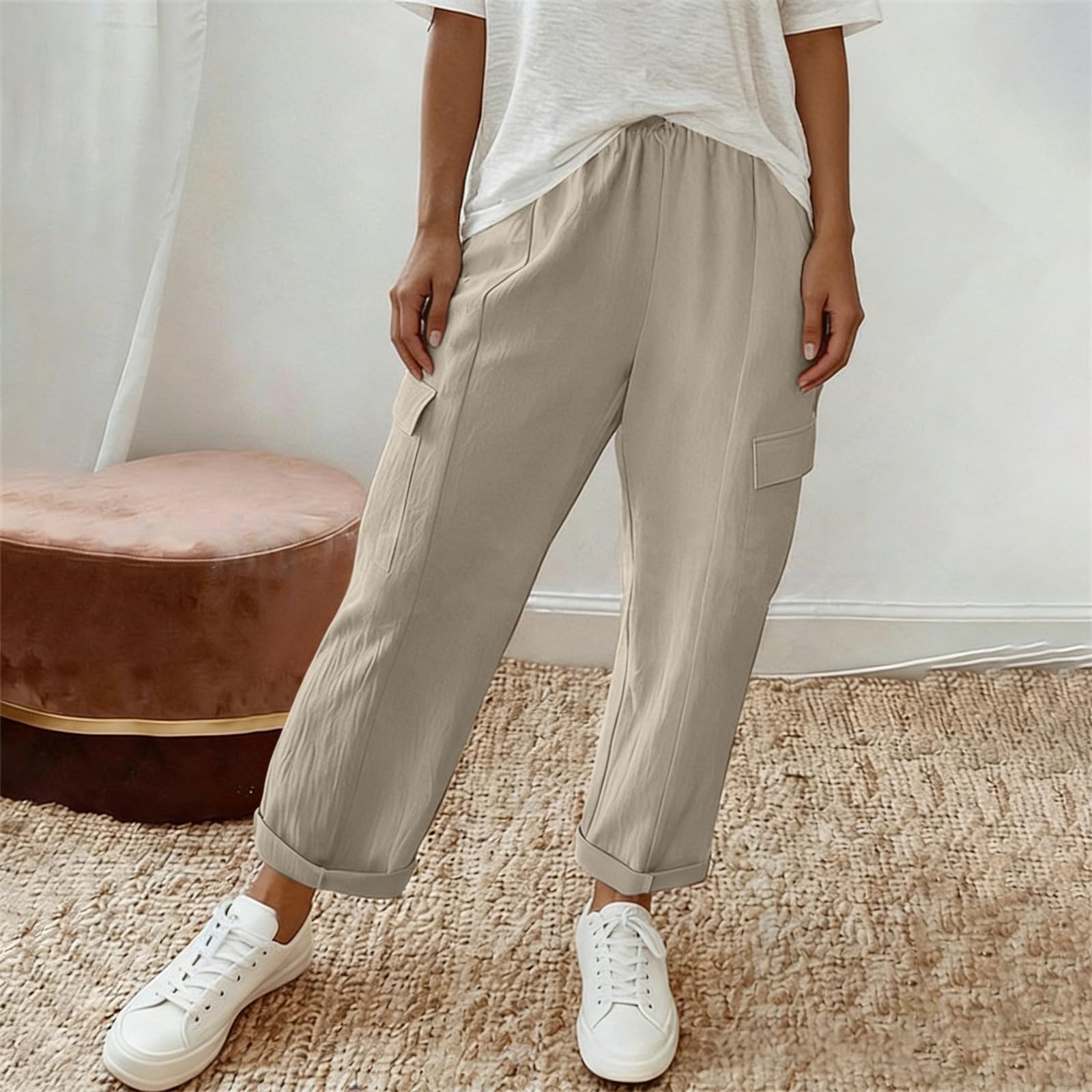 

Womens Palazzo Pants Summer Casual Flowy Wide Leg Trousers Beach Travel Vacation Outfits L бежевый