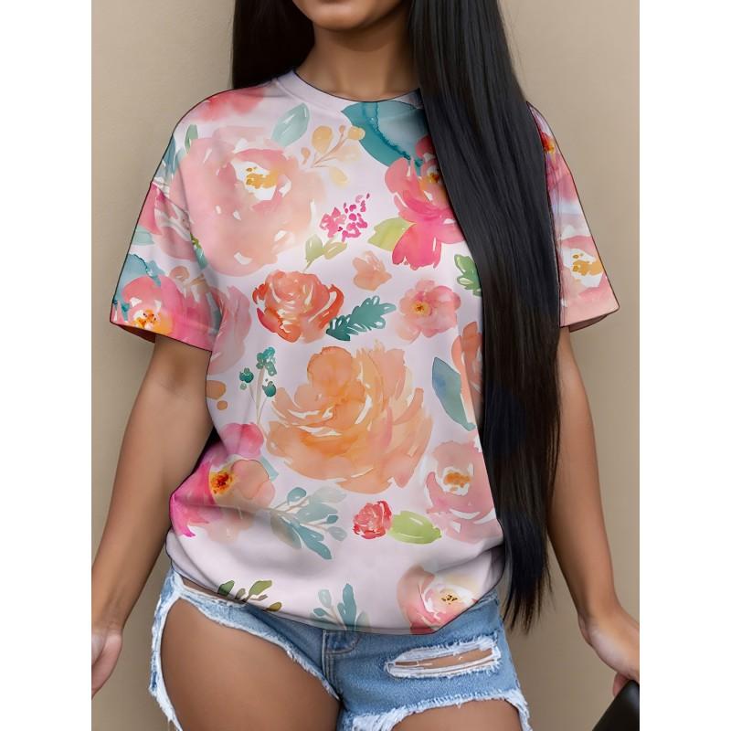 Womens Casual Round Neck Short Sleeve T-Shirt With Butterfly Print Loose Fit 2025