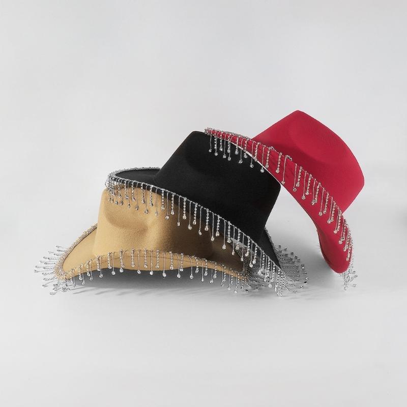 Trendy Cowboy Hat Denims Hat with Sparkling Rhinestones and Fringe Detail for Outdoor Activities Parties Halloween Hat