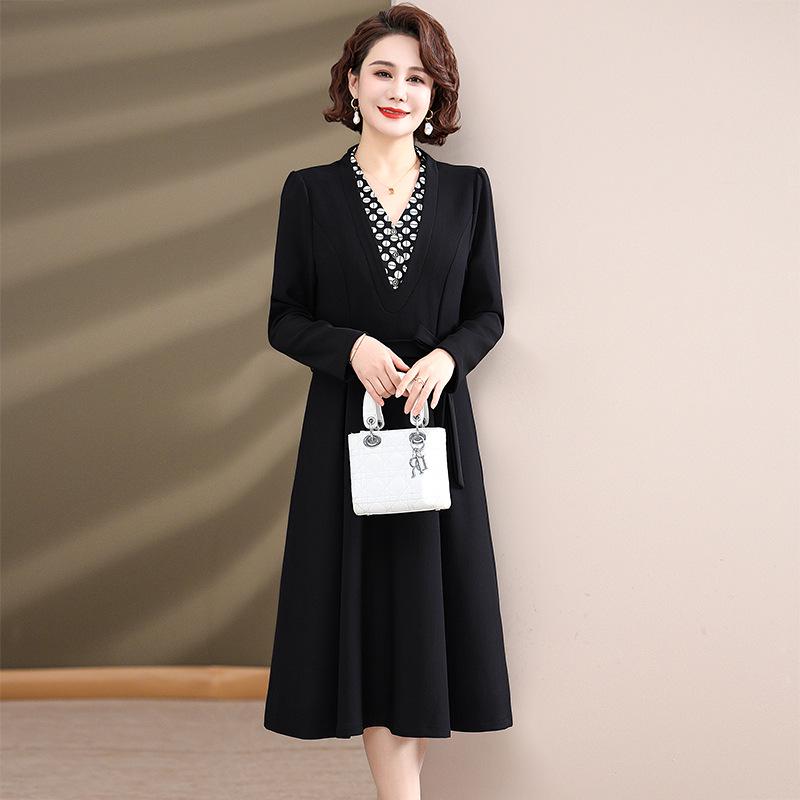 2025 New Spring & Autumn Long-Sleeve Dress for Middle-Aged Women - Elegant Slimming Faux Two-Piece Design