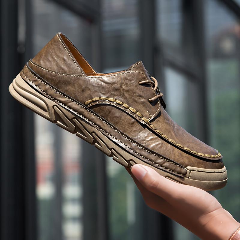 

Men s Handmade Thick Rubber Bottom Breathable Casual Leather Shoes Classic Sewn Loafers Comfortable Leisure Footwear 39 хакі