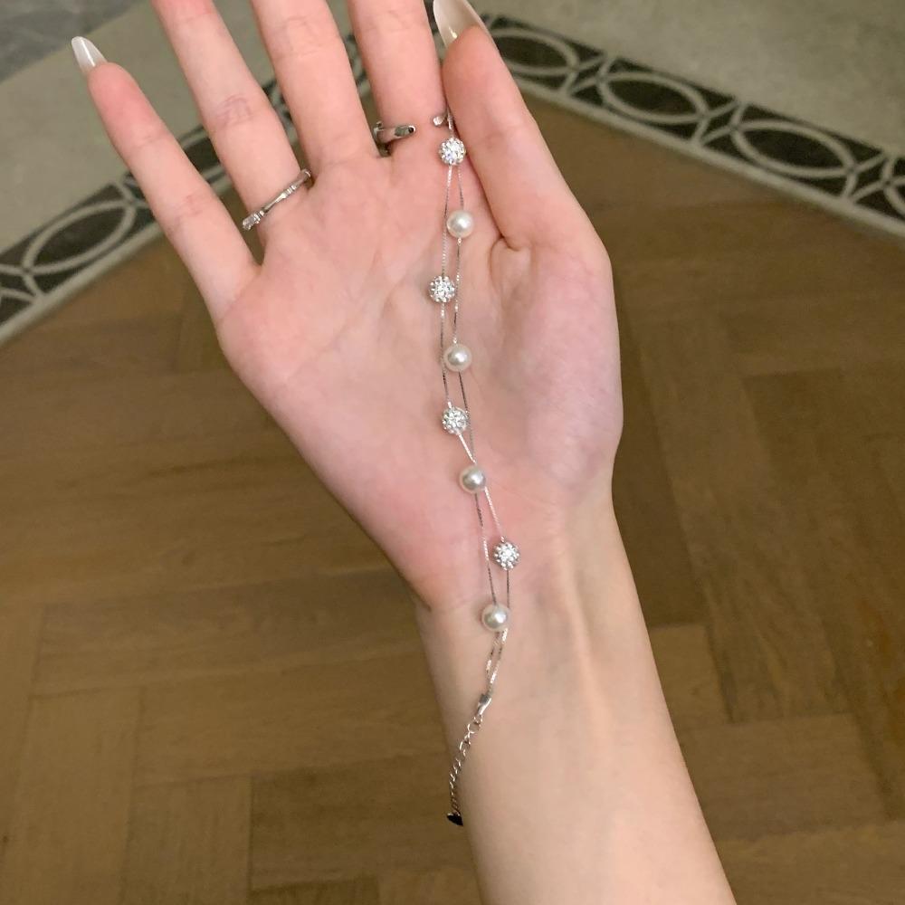 Bracciale in argento puro S925 con zirconi francesi a doppio strato, sfera Shambhala, perla, perla d'acqua dolce naturale