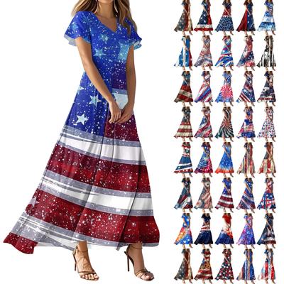 Women's Independence Day Flag Print Casual V-Neck Short Sleeve High Waist Dress