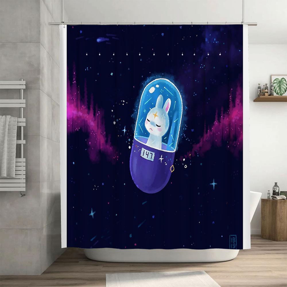 Cute Rabbit Space Galaxy Bathroom Shower Curtain Set Starry Sky Home Decor Kids Room Teen Boy Girl Washroom Backdrop