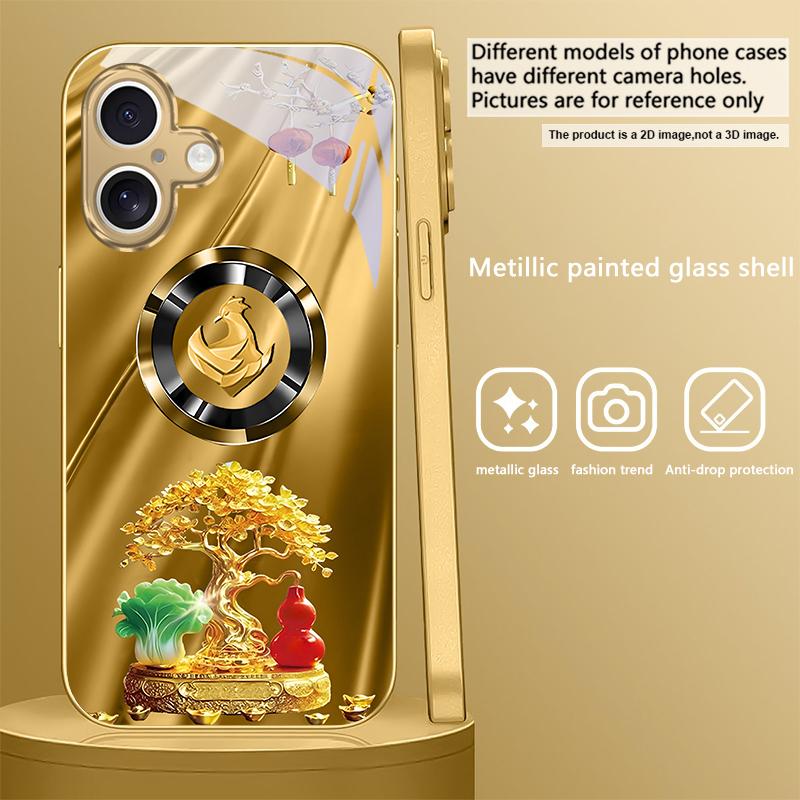 Horse Head Treasure Tree For iPhone 16E 15 Pro 14 13 Plus 12 mini 11 15Pro 14Max 13Plus XR Xs 16 Pro Max Golden glass phone case