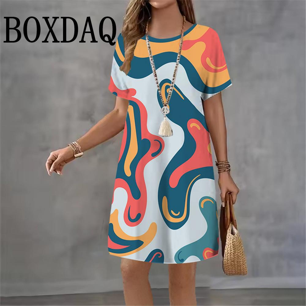 3D Abstract Print Dress Women 2026 New Summer Fashion Short Sleeve Loose Dress Casual O-Neck Ladies Short Dress