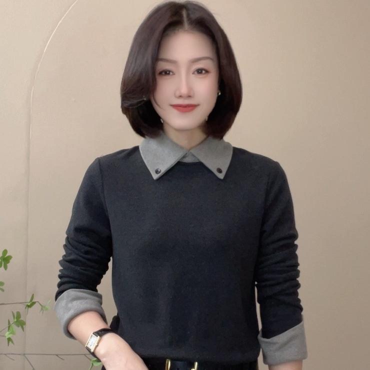 320 Autumn Winter Color Block Long Sleeve Lapel Slimming Top for Women