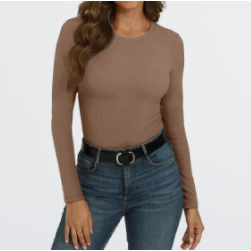 New women's long-sleeve stretch round-neck ribbed shirt, slim-fit casual basic top