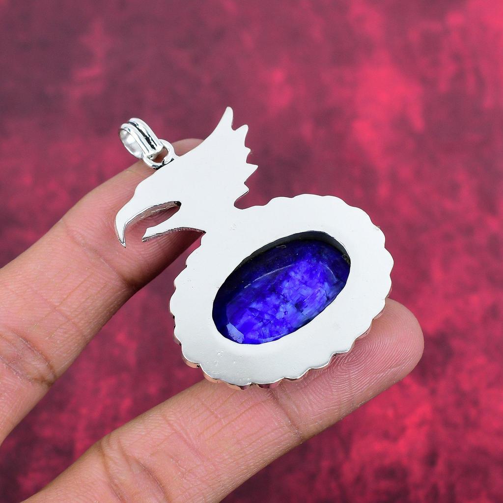 Blue Sapphire Pendant, Handmade Gemstone Pendant, 925 Solid Sterling Silver Pendant Antique Jewelry, For Engagement Gift