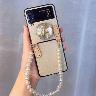 Pulseira de pérola suporte de urso capa de telefone para samsung galaxy z flip 3 5g corrente de mão para samsung galaxy zflip 3 zflip 4 capa