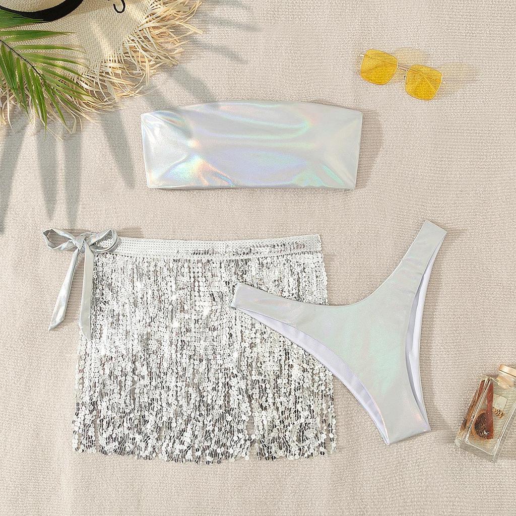 Women Sexy Glossy Triangle Split Bikini Suit Set Summer Tie Side G-String Thong Swimsuit Halter Lace Up Elastic Bikini
