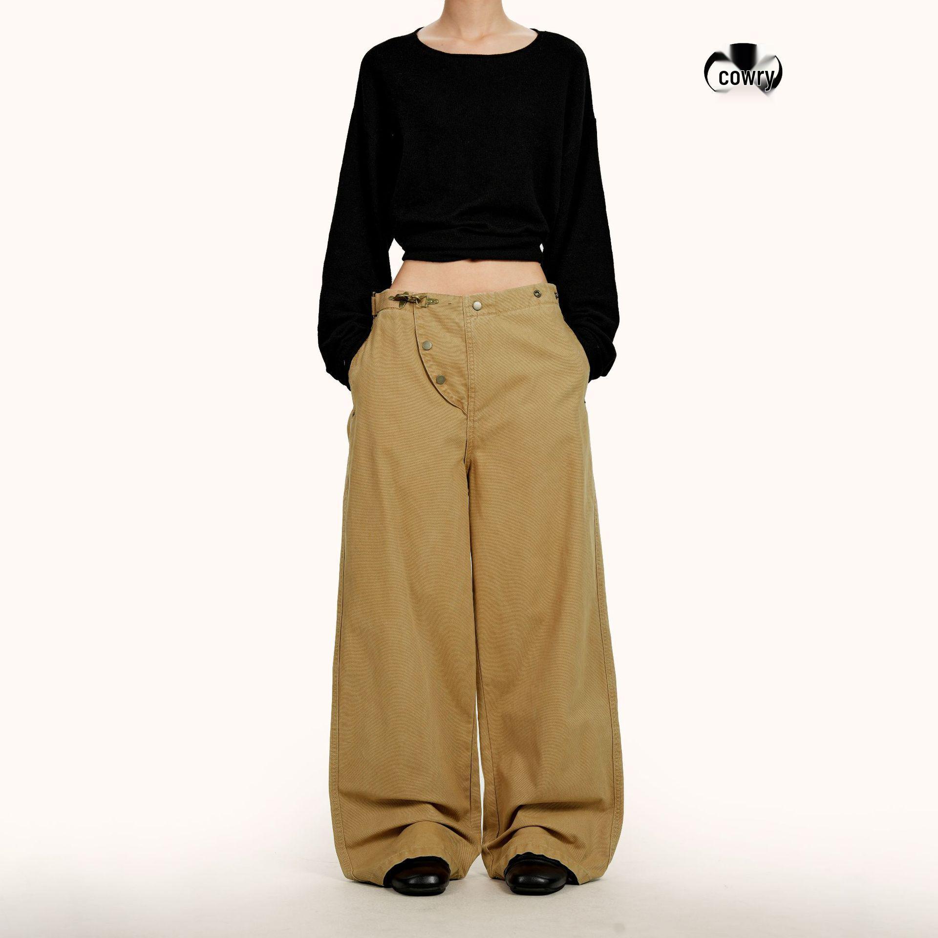 

Yongfang Unisex Retro Slanted Buckle Work Pants: High Street Style, Loose Fit, Adjustable Waist, Washed Design, Straight Leg. Small
