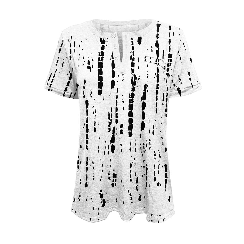 Women's Fashionable Casual Summer Striped V-neck Button Short-sleeved Top