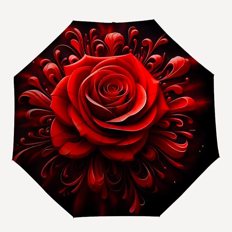 1pc Rose Floral Pattern Automatic Folding Umbrella, 8-Rib Iron Frame, Casual Outdoor Accessory for Birthday Festival Gifts Yy251128185