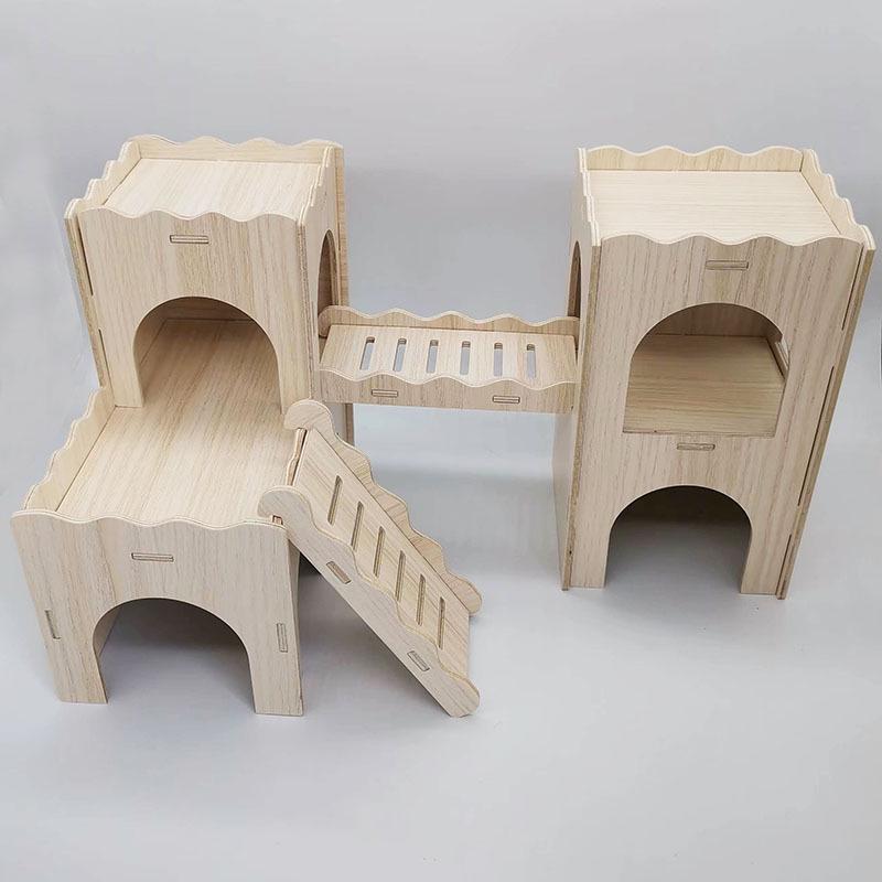 Wooden Multi-Room Hamster House with Bridge, Platform, and Ladder for Hedgehogs and Small Animals
