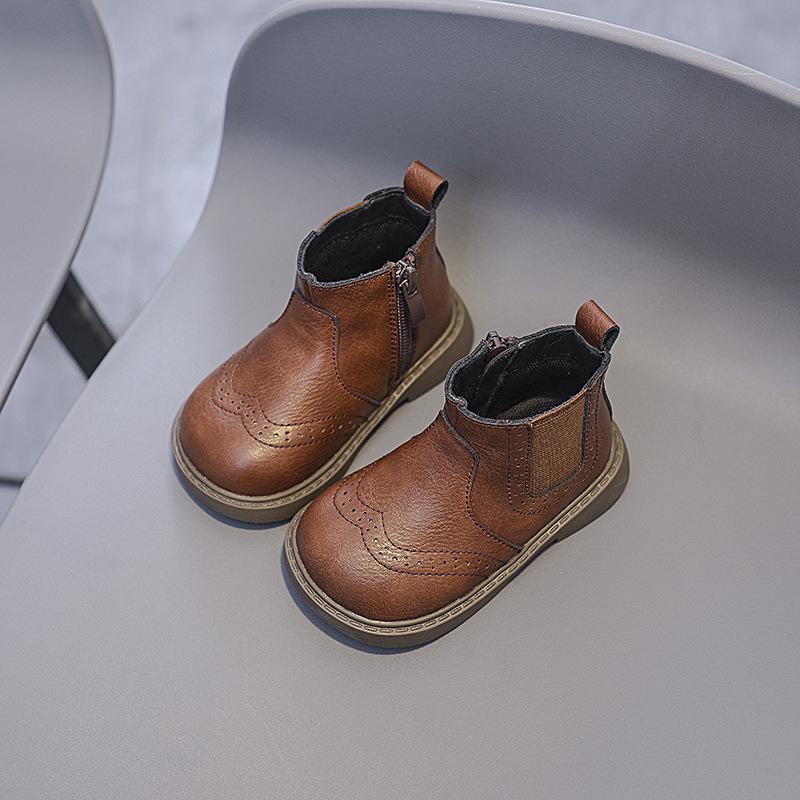 Vintage Style Children Genuine Leather Boots Autumn Fall Kids Ankle Boots Toddler Little Boys Girls Short Boots Brown, Black