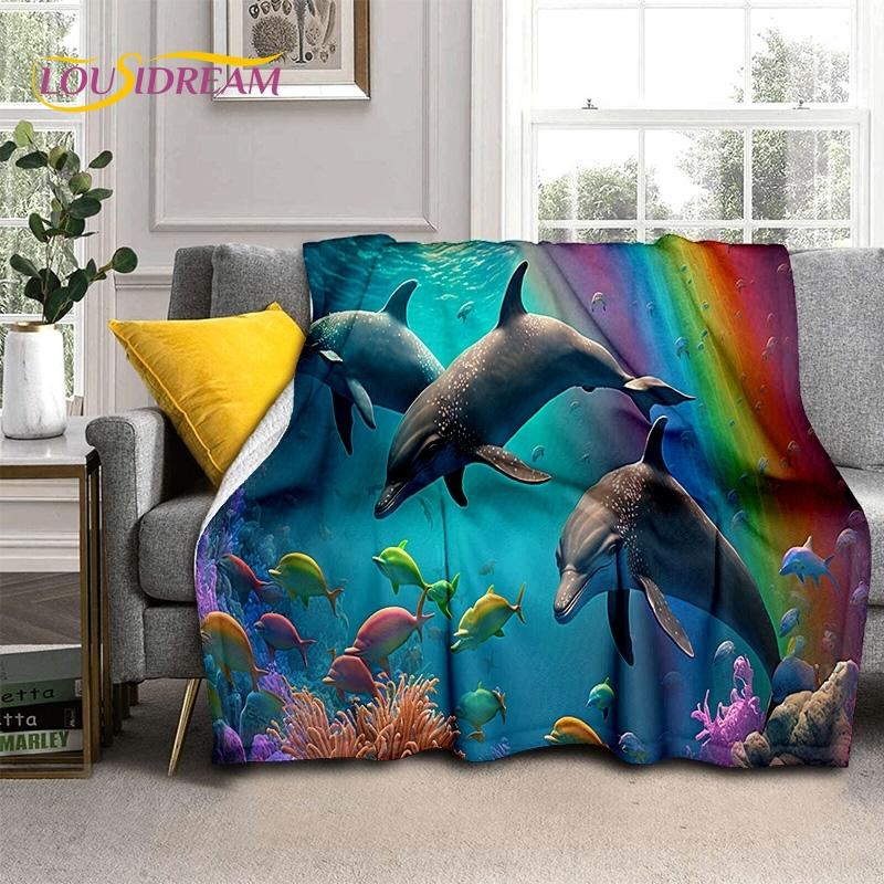 

3D Underwater World Seabed Dolphin Cartoon Soft Blankets,Throw Blanket Comfortable Blanket for Picnic Beds Sofa Home Bedroom Kid 75x90cm( 29x35in )