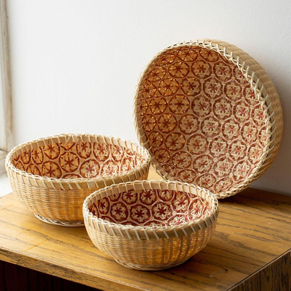 Round Bamboo Storage Basket Sturdy Fruit  Serving Tray High-quality Hand Woven Basket  Office