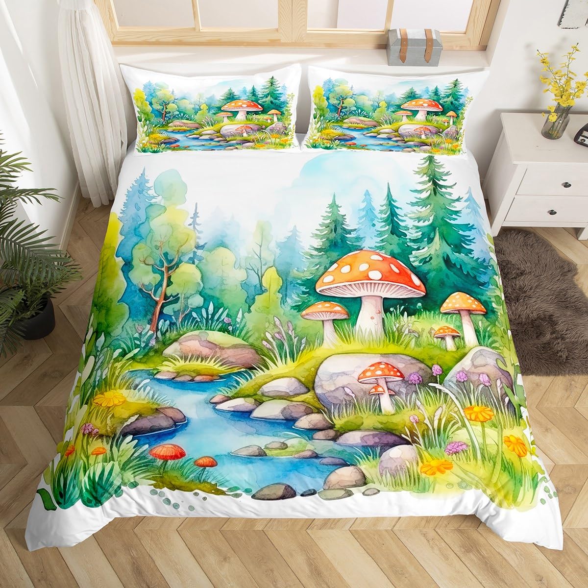 

Cartoon Elf Duvet Cover Spring Garden Floral Bedding Set Botanical Flowers Quilt Cover Watercolor Printing Art Comforter Cover EU Single(135x200cm)