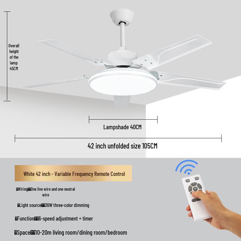 Modern Minimalist Ceiling Fan with Five Stainless Steel Blades, LED Light, Low Noise, and Frequency Conversion for Living Room or Dining Room.