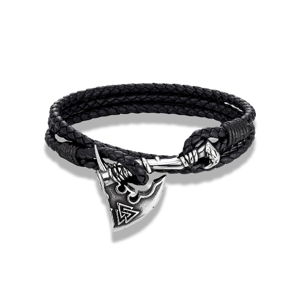 Mens Stainless Steel Vikings Axe Bracelet Leather Wolf Amulet Handmade Bracelet For Men Women Biker Outdoor Jewelry Gift