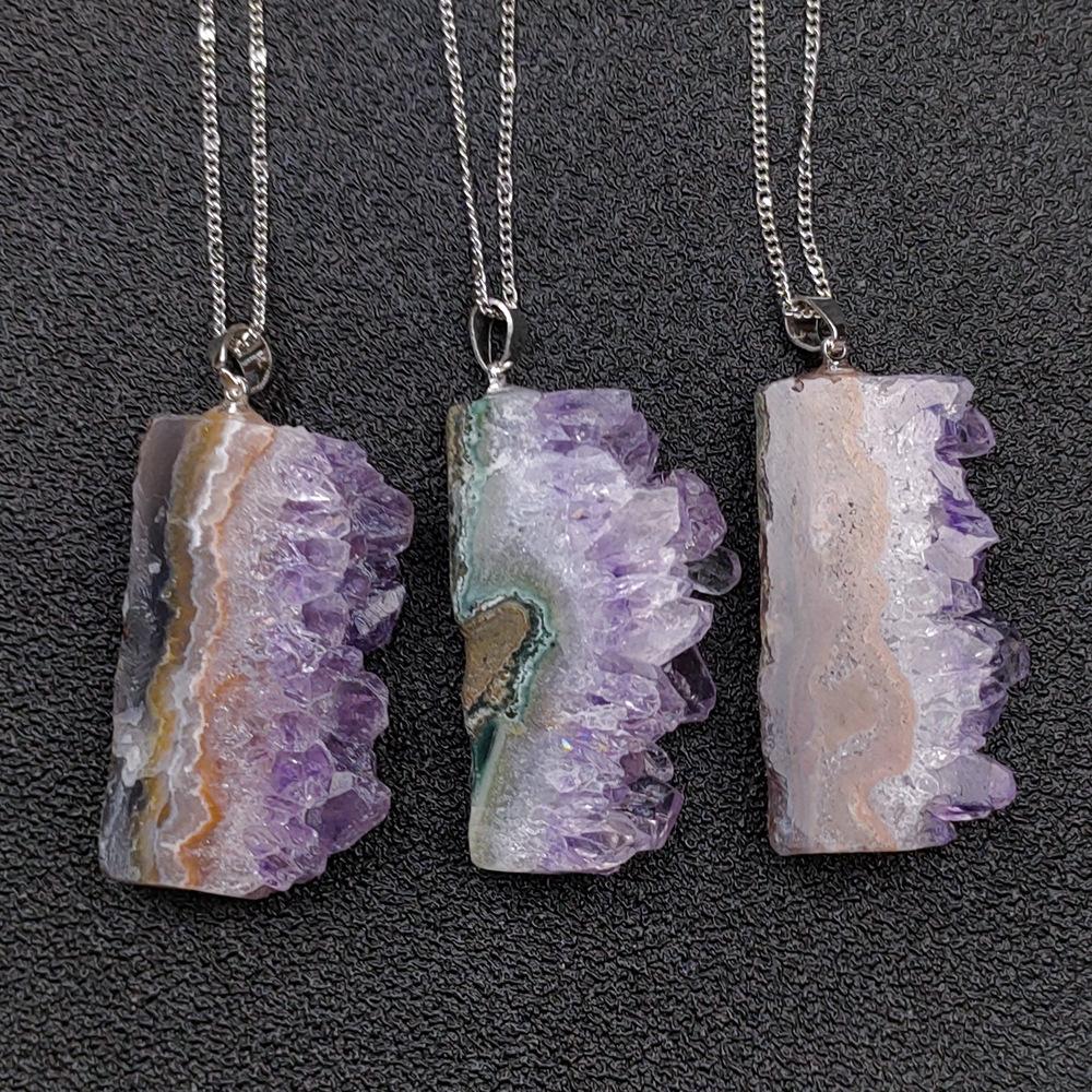 Purple Crystal Quartz Mineral Slice Cluster Pendant Necklace Amethyst Druzy Pendant