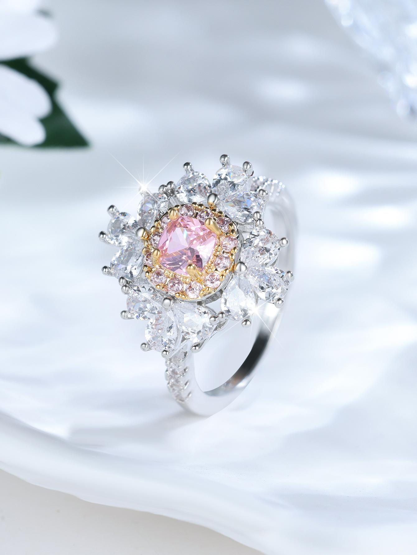 Two-color gold circumference with pink diamond ring, exquisite sparkling sweet attendance versatile ring no. 6