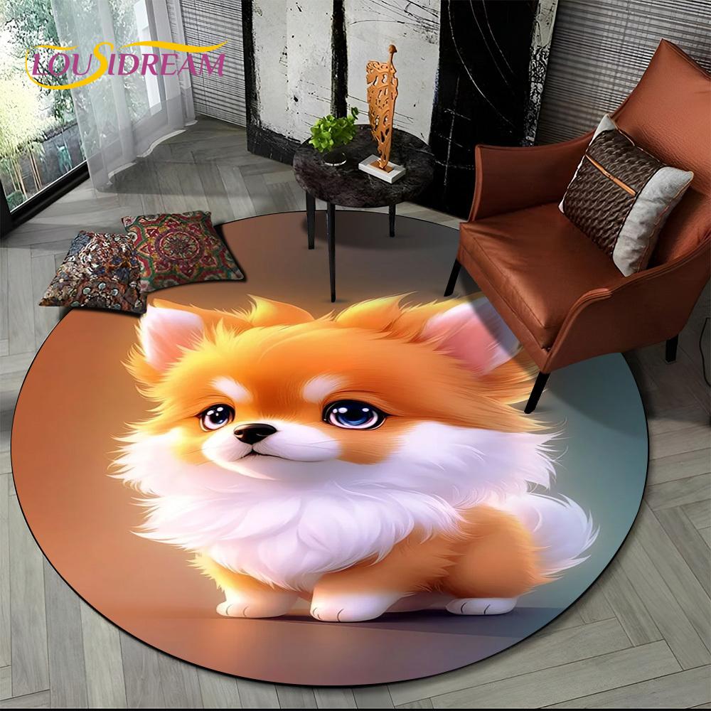Cute Dog Samoye,Chihuahua,Koki Pomeranian Cartoon Round Carpet Rug for Living Room Bedroom Decor,kids Pet Area Rug Non-slip Mat