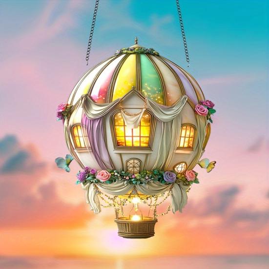 Stained Glass Style Hot Air Balloon Suncatcher 2D Acrylic Window Hanging Ornament for Home Garden Wall Window Decor