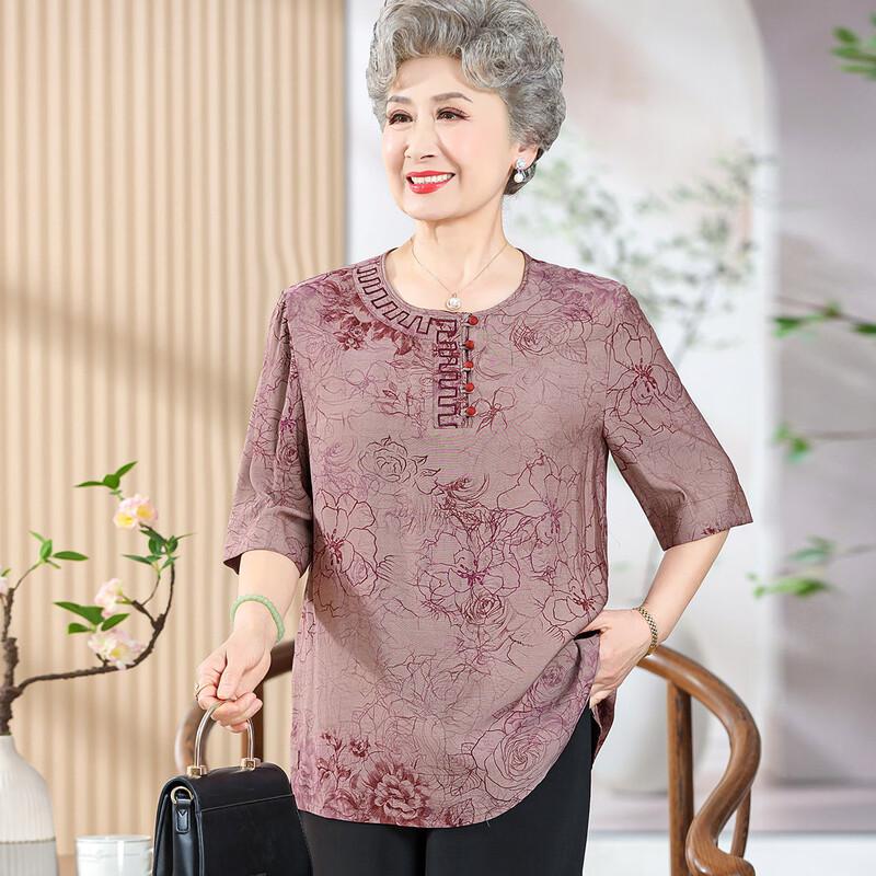 Elderly Women s Summer Mid-Sleeve Round Neck Blouse 2XL