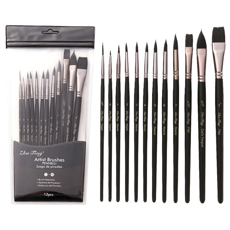 12pcs Artist Paint Brush Set High Quality Nylon Hair Wood Black Handle Watercolor Acrylic Oil Brush Painting Art Supplies