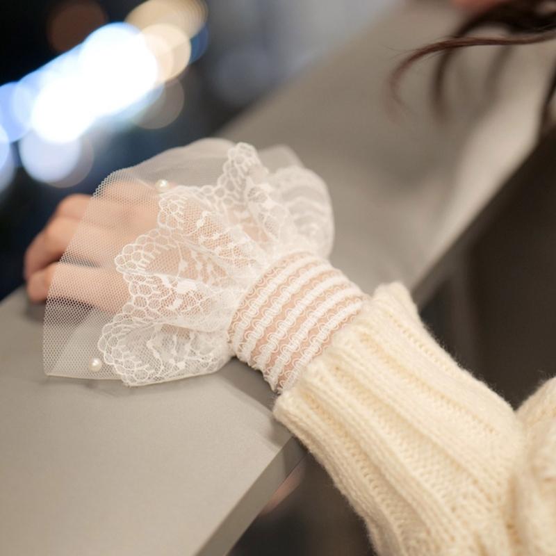 Damen Manschetten Abnehmbare Spitze Rüschen Winter Herbst Hemden Pullover Sweatshirt Falsche Ärmel Weiß