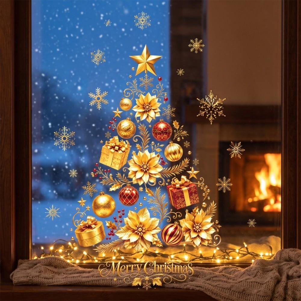 Large Christmas Tree Window Sticker Golden Snowflake Electrostatic Sticker Bedrooms
