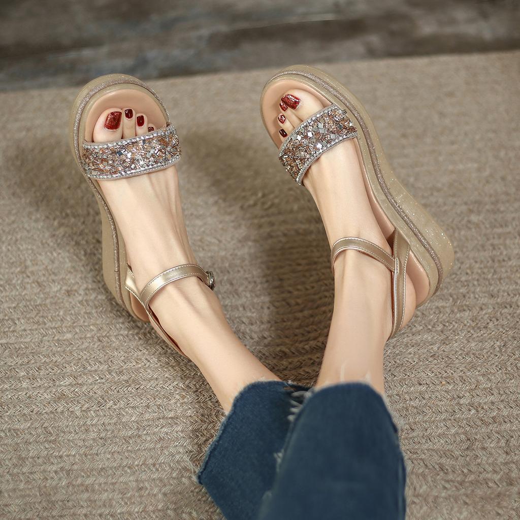 Keilabsatz Verschleißfest, Bequem und Modisch Damen Sommer Strass Dicksohlige Sandalen