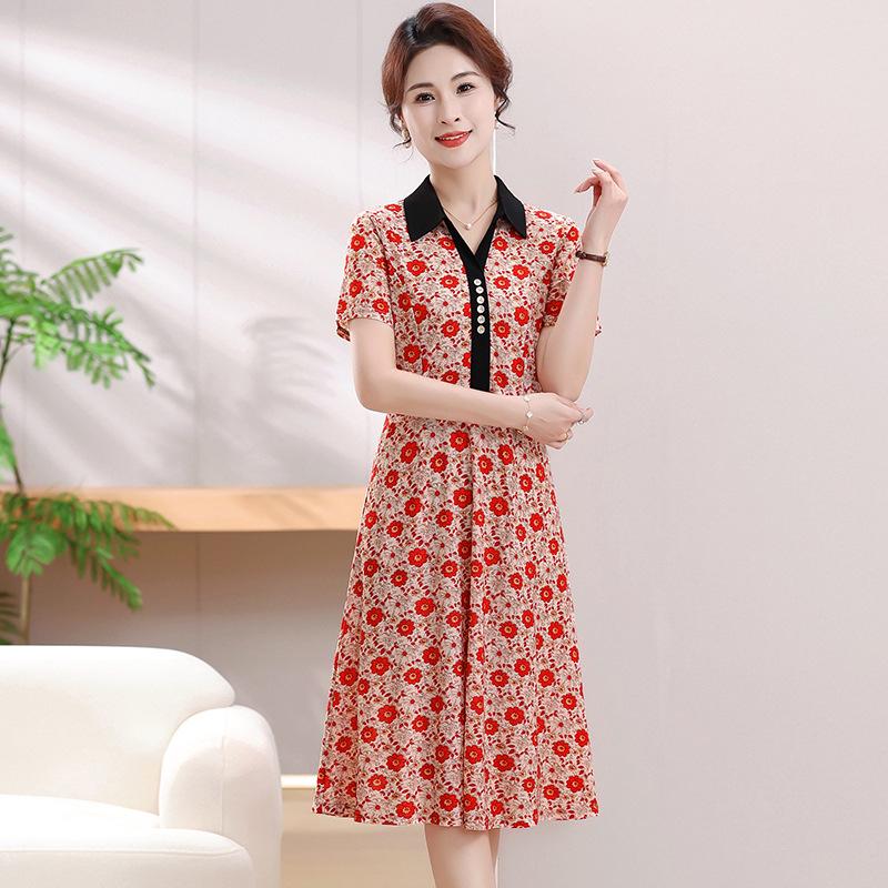 Elegant Summer Lapel Slimming Dress for Middle-aged and Elderly Women