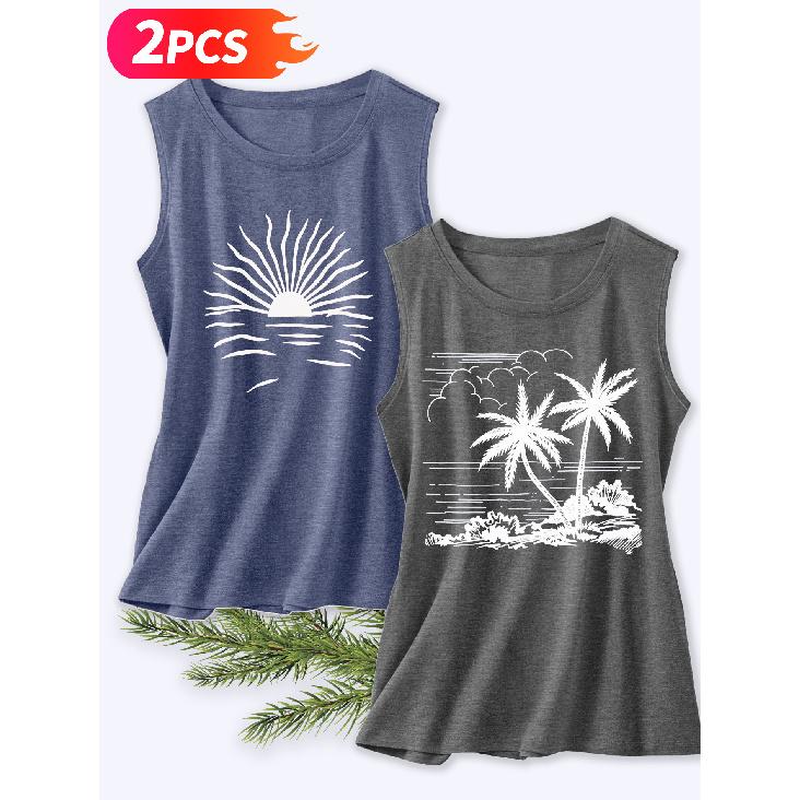 Follow a Specific Direction Two-piece Women's Tank Top with Beach Coconut Tree Print Elegant Summer Party Outfits Sleeveless Vest Essential Fashion