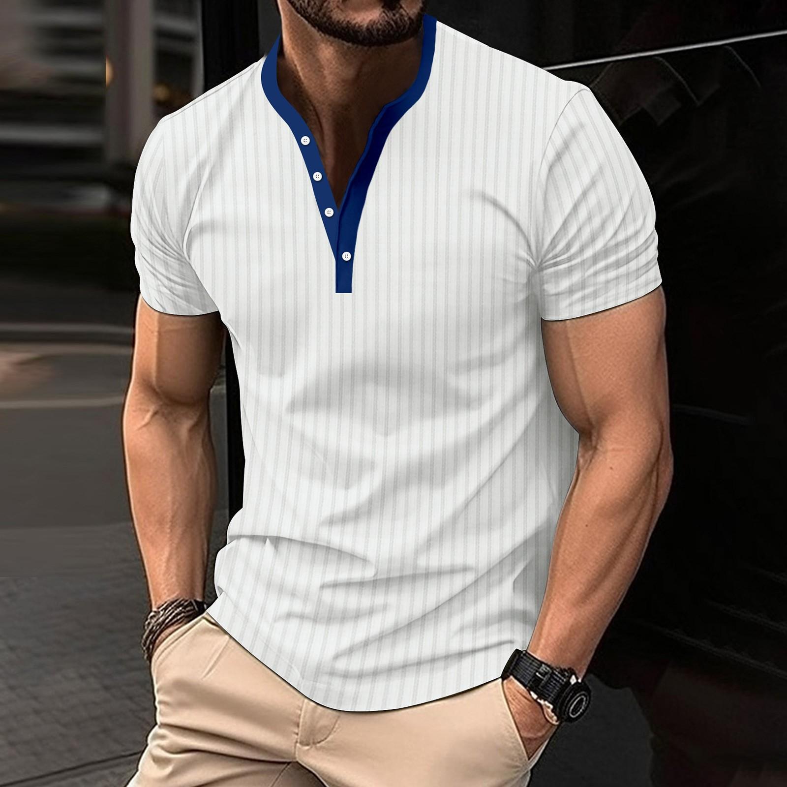 

Мужская однотонная полосатая повседневная футболка с v-образным вырезом на пуговицах и короткими рукавами XL белый