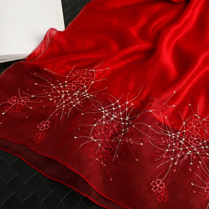 Silk scarf women's fashion silk wool thin foreign style long mulberry silk cheongsam with embroidered flowers gift red scarf