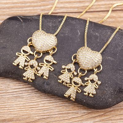 Fashion Son Daughter Heart Gold Color Cubic Zirconia Family Girl Boy Pendant Necklace Copper Chain Jewelry For Mother Gift