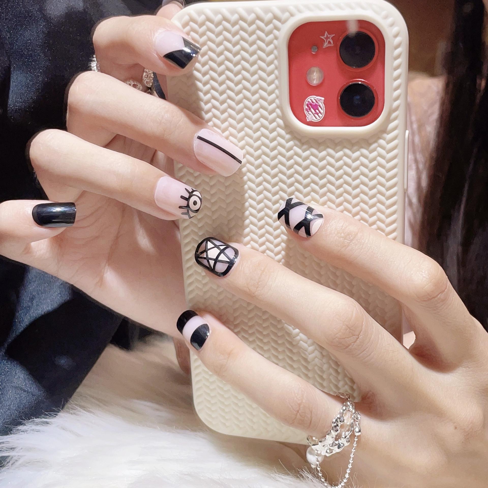 

Sweet & Cool Geometric Black Press-On Nails with Little Devil Eyes & Detachable Nail Stickers