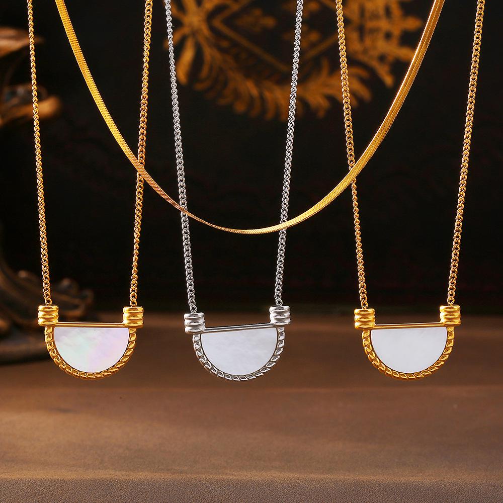 French Retro Geometric White Mother-of-Pearl Pendant Clavicle Chain Earrings In Titanium Steel and 18K Gold for Women