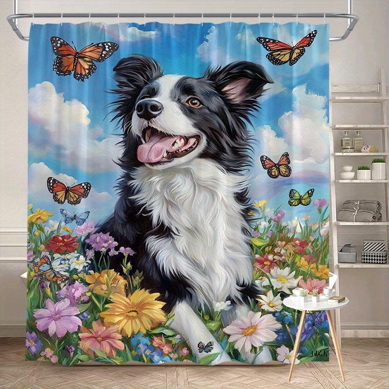 Flower Cluster Border Collie Shower Curtain Washable Dirt-Resistant Shower Head Waterproof Polyester Bath Curtain For Home Decor